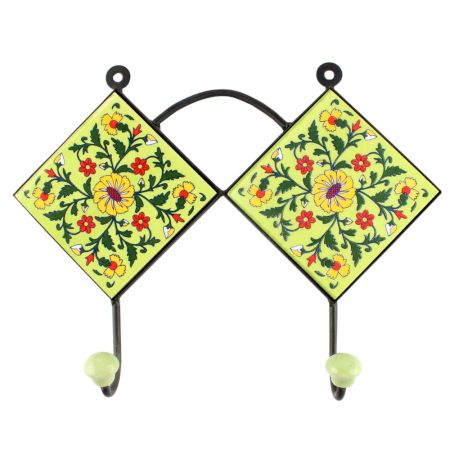 Ceramic Wheel Flower Tile Hook in Pea Green